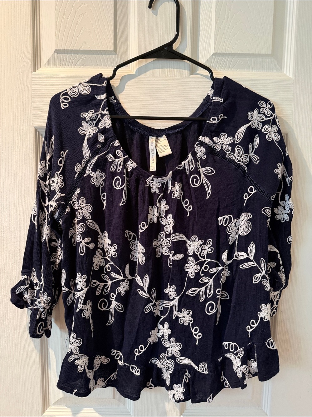 Navy Blue Floral Embroidered Peasant Blouse